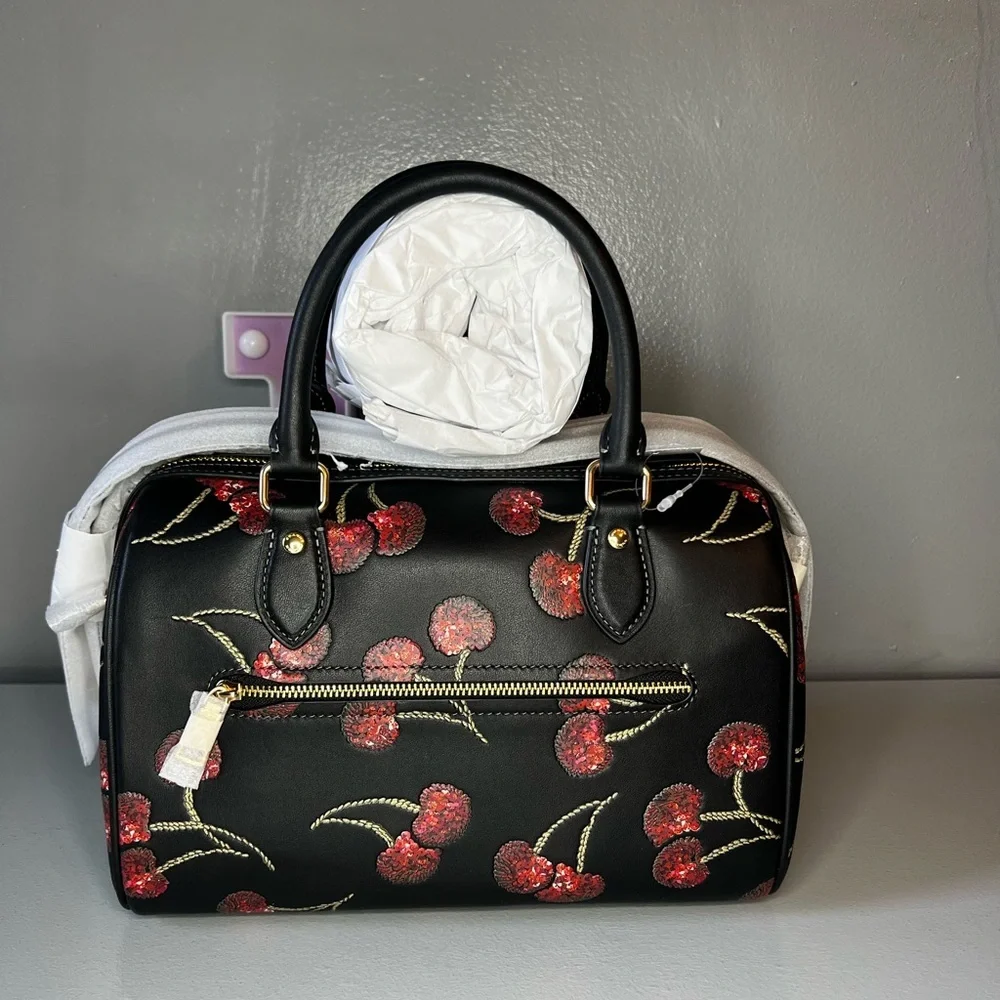 Coach Rowan Satchel Bag in Leather with Cherry Print Black Multi